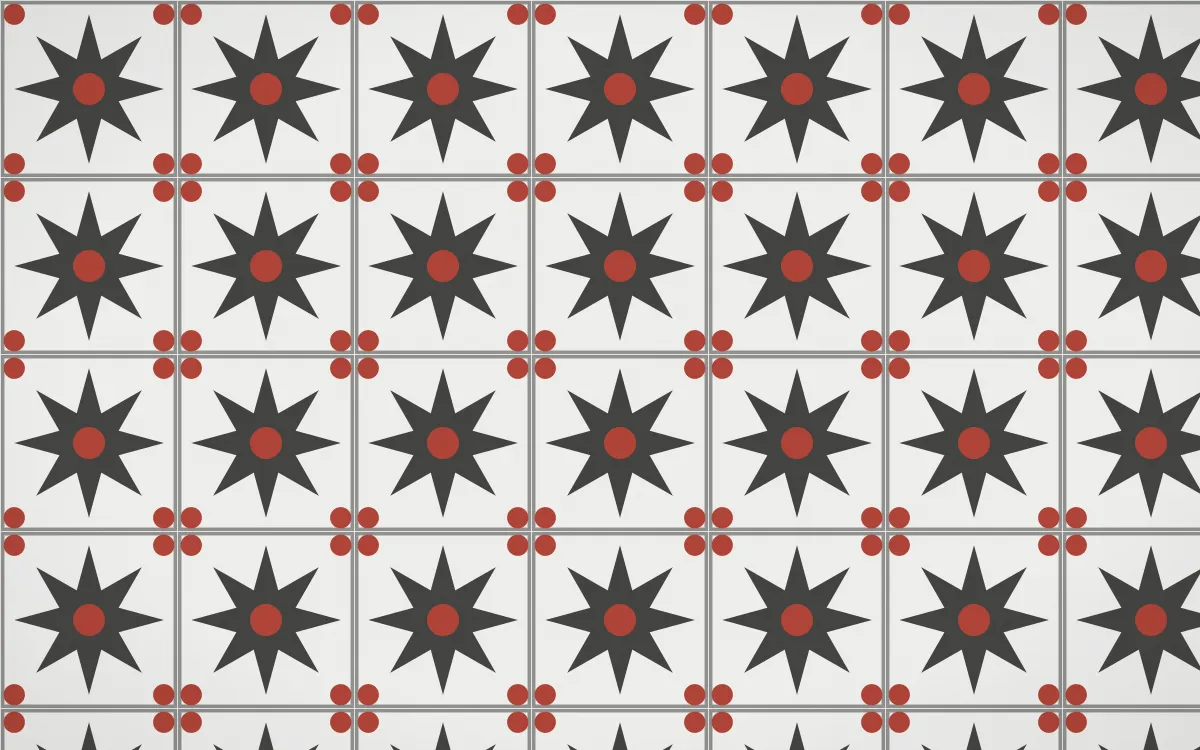 Edo Charcoal Star Tile — light grey, red and white azulejo background