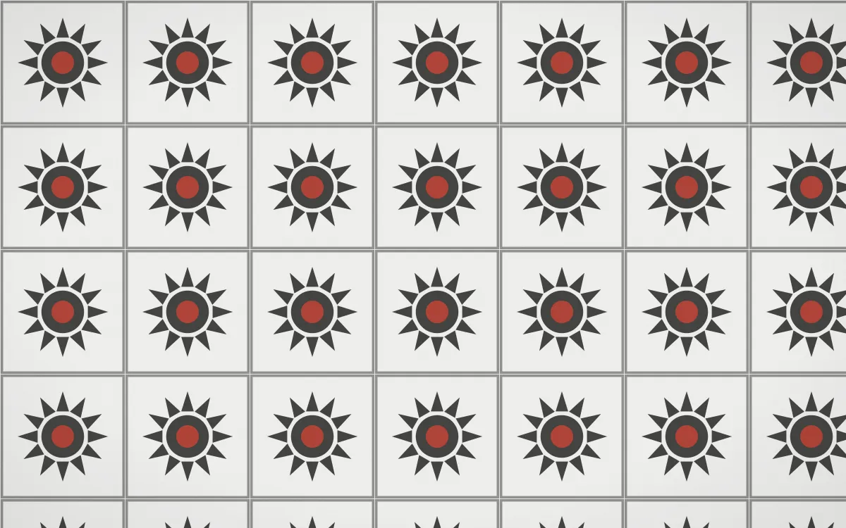 Edo Charcoal Sunburst Tile — light grey, red and white azulejo background