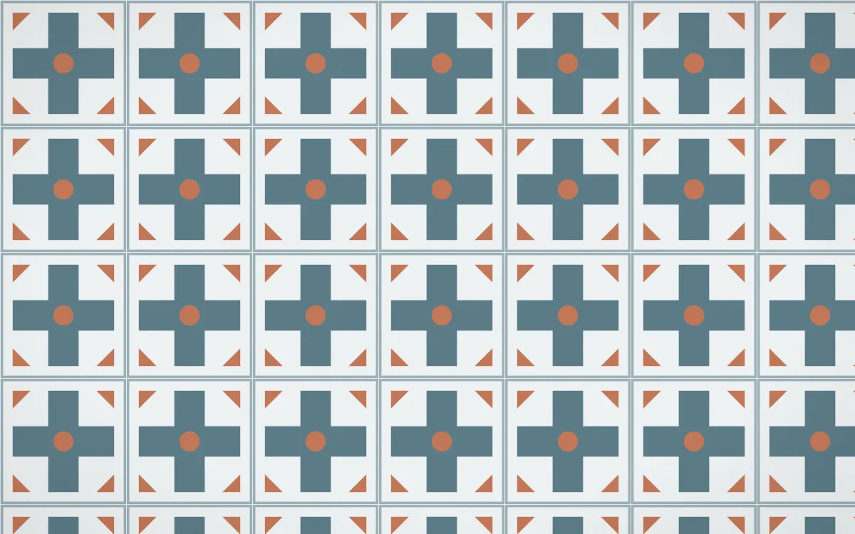 Fjord Mist Cross Tile — light blue, orange and white azulejo background