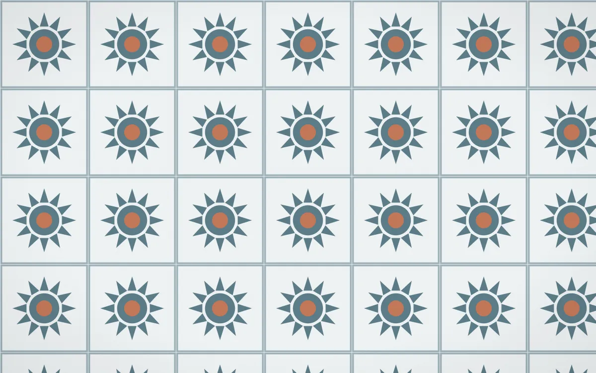 Fjord Mist Sunburst Tile — light blue, orange and white azulejo background