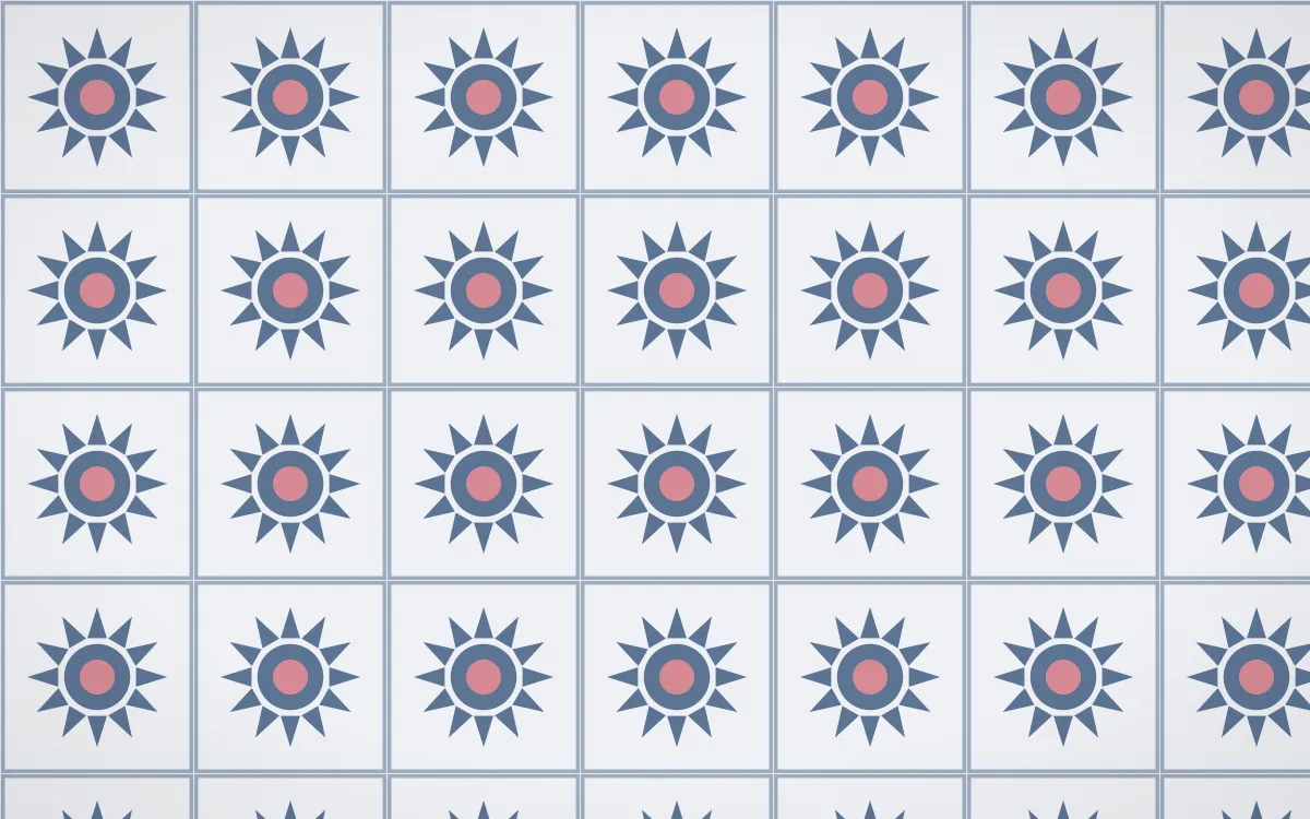 Fuji Mist Sunburst Tile — light blue, red and white azulejo background