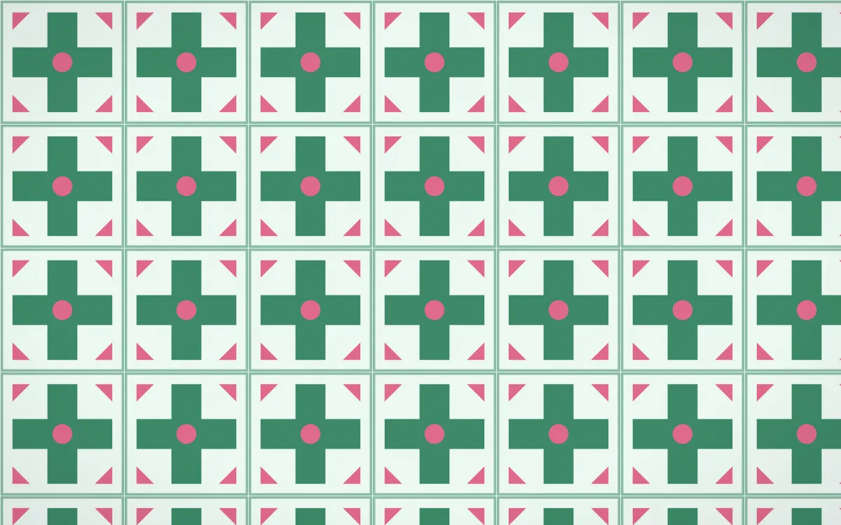 Hanbok Mint Cross Tile — light green, pink and white azulejo background