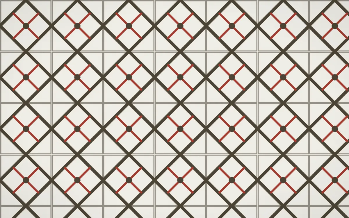 Highland Peat Lattice Tile — light brown, red and white azulejo background