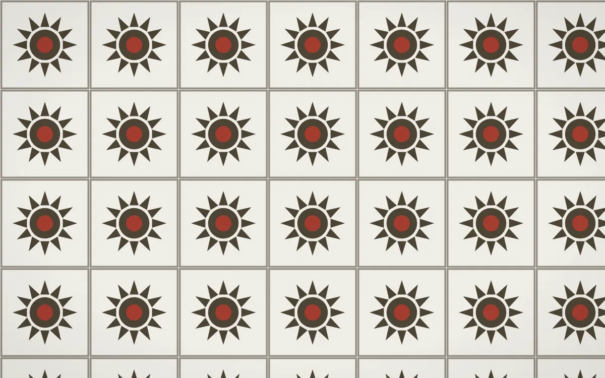 Highland Peat Sunburst Tile — light brown, red and white azulejo background