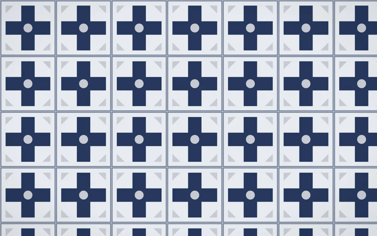 Kyoto Indigo Cross Tile — light blue, grey and white azulejo background