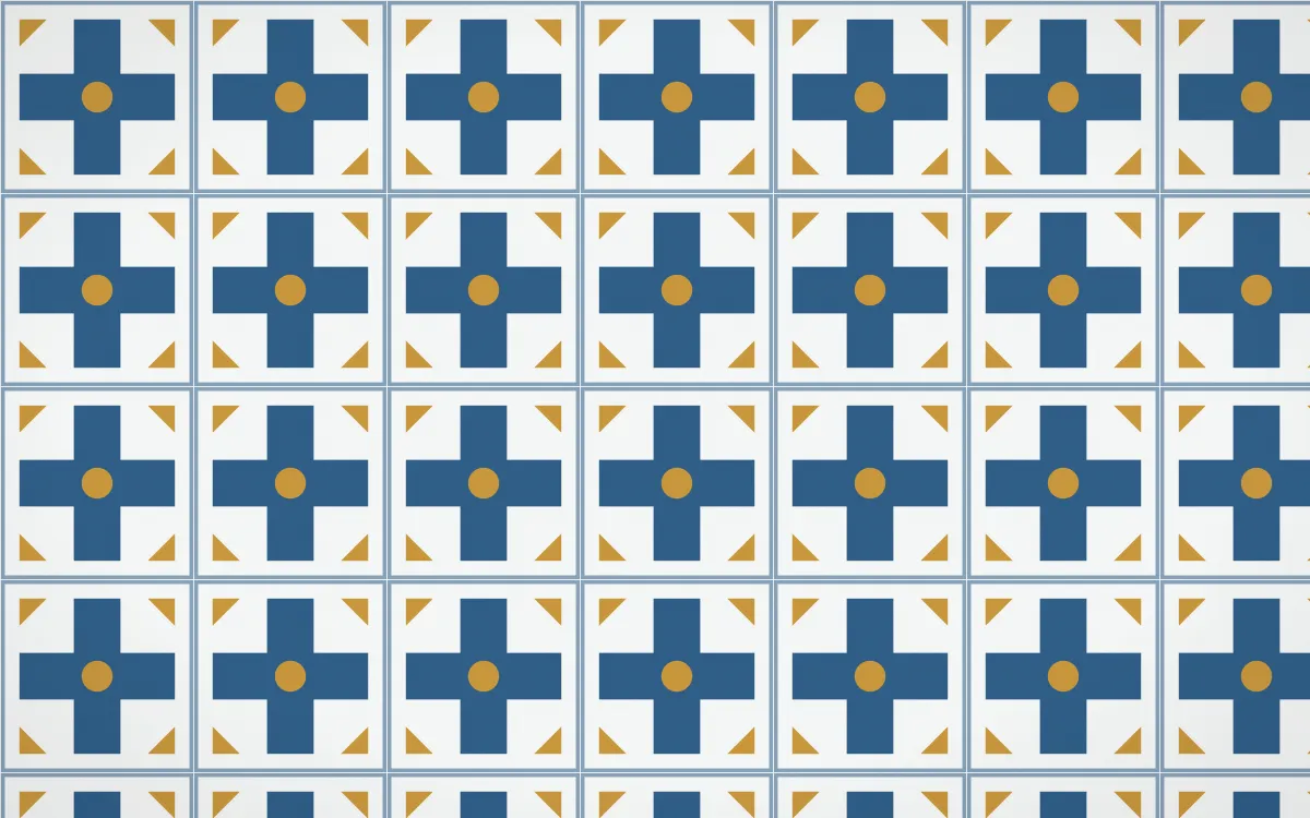 Lisbon Azul Cross Tile — light blue, gold and white azulejo background