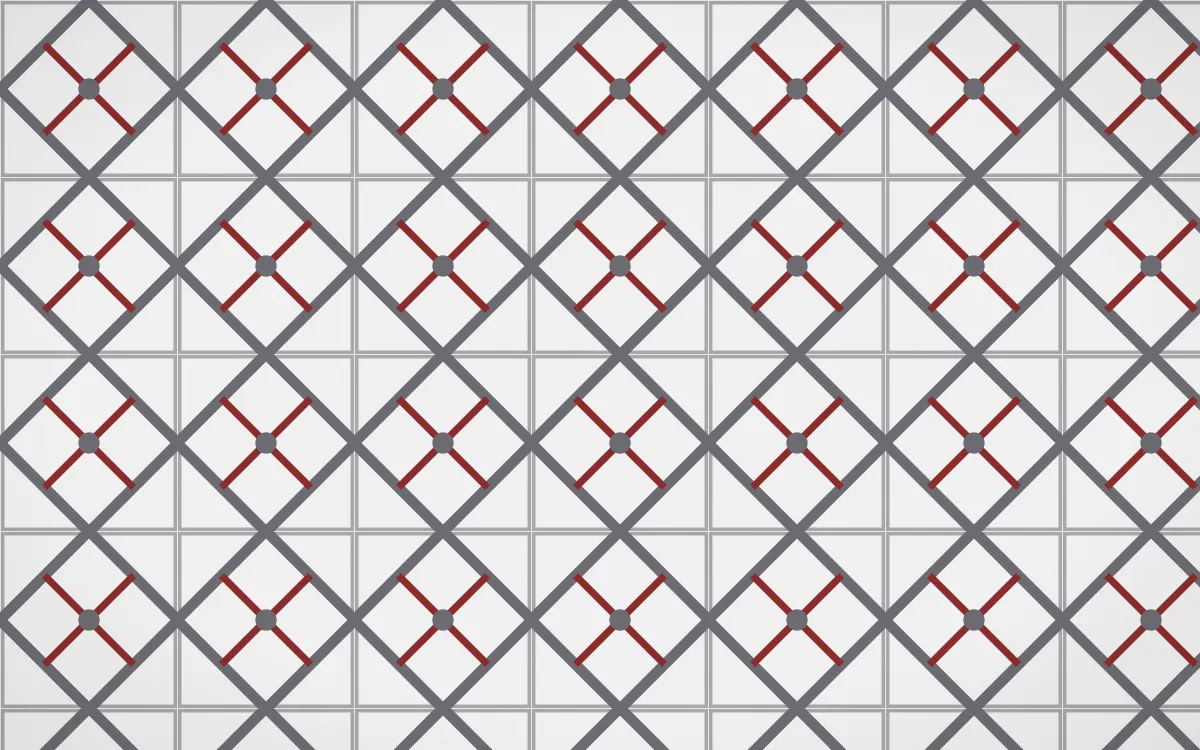 London Fog Lattice Tile — light grey, red and white azulejo background