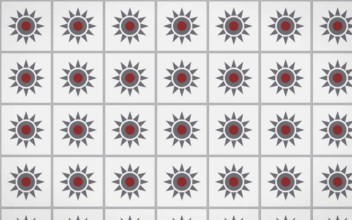 London Fog Sunburst Tile — light grey, red and white azulejo background