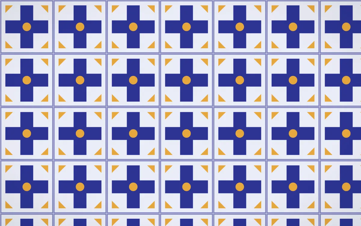 Majorelle Cross Tile — light blue, gold and white azulejo background