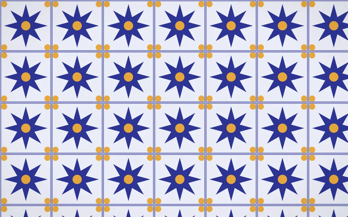 Majorelle Star Tile — light blue, gold and white azulejo background