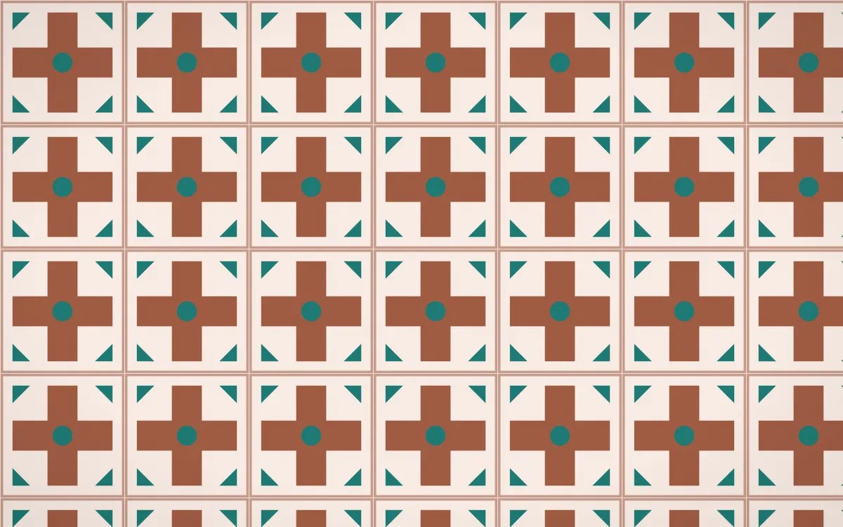 Marrakech Rose Cross Tile — light orange, teal and beige azulejo background