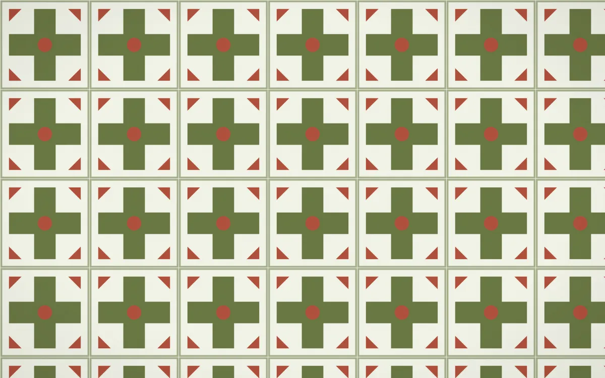 Matcha House Cross Tile — light green, red and white azulejo background