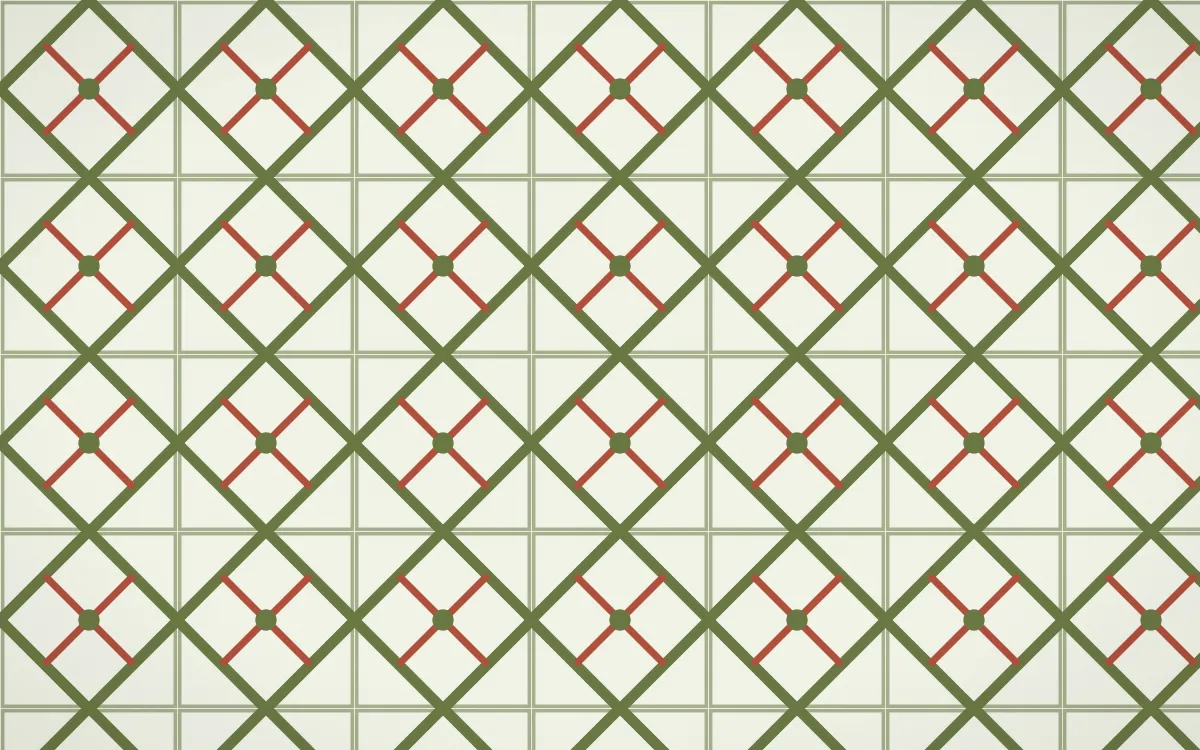 Matcha House Lattice Tile — light green, red and white azulejo background