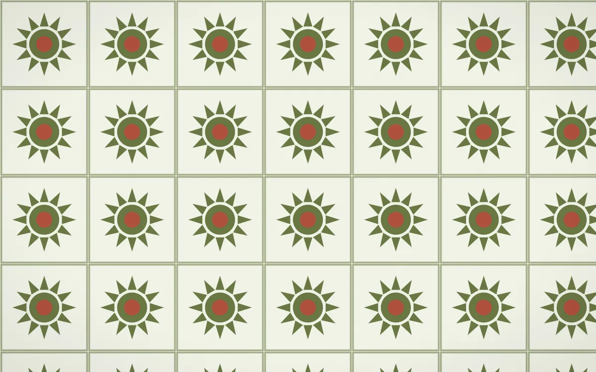 Matcha House Sunburst Tile — light green, red and white azulejo background