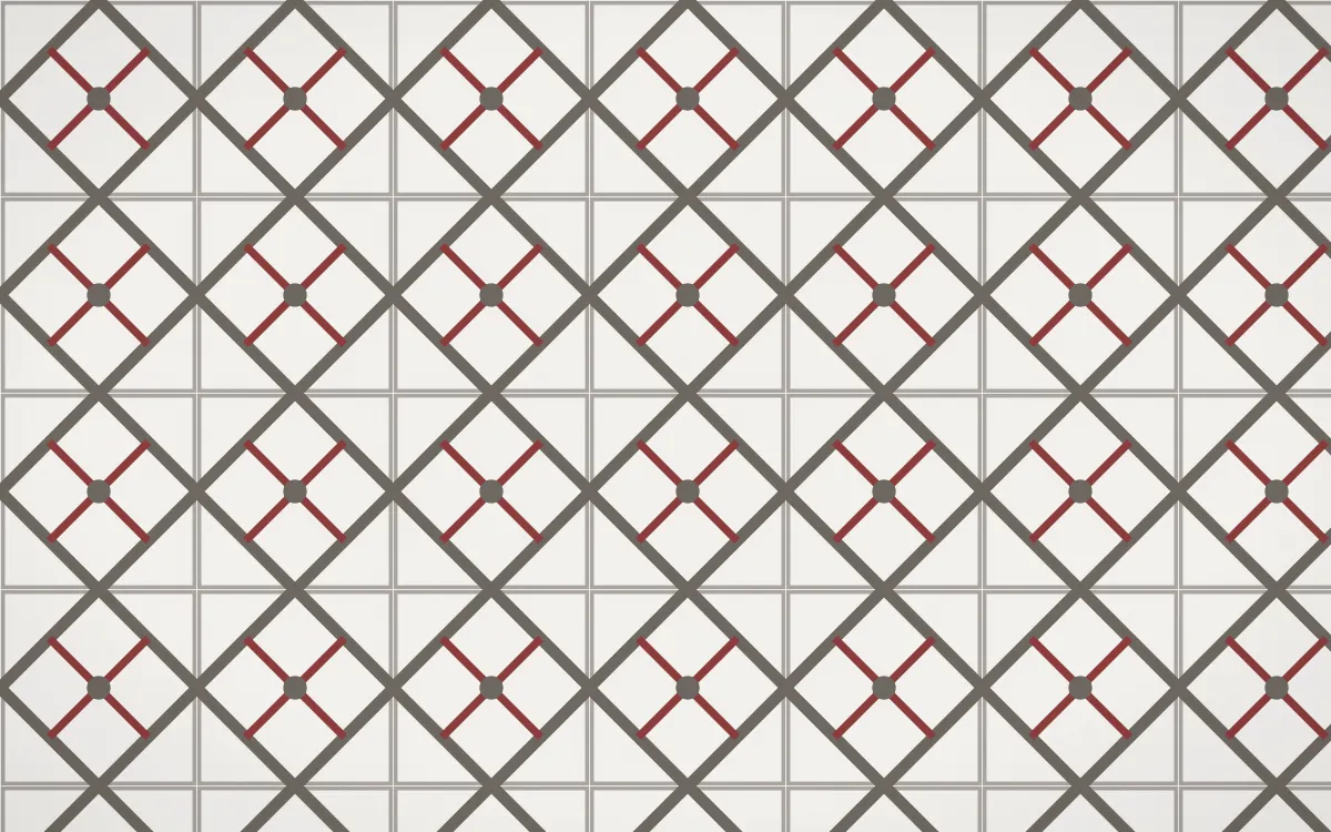 Milano Stone Lattice Tile — light grey, red and white azulejo background