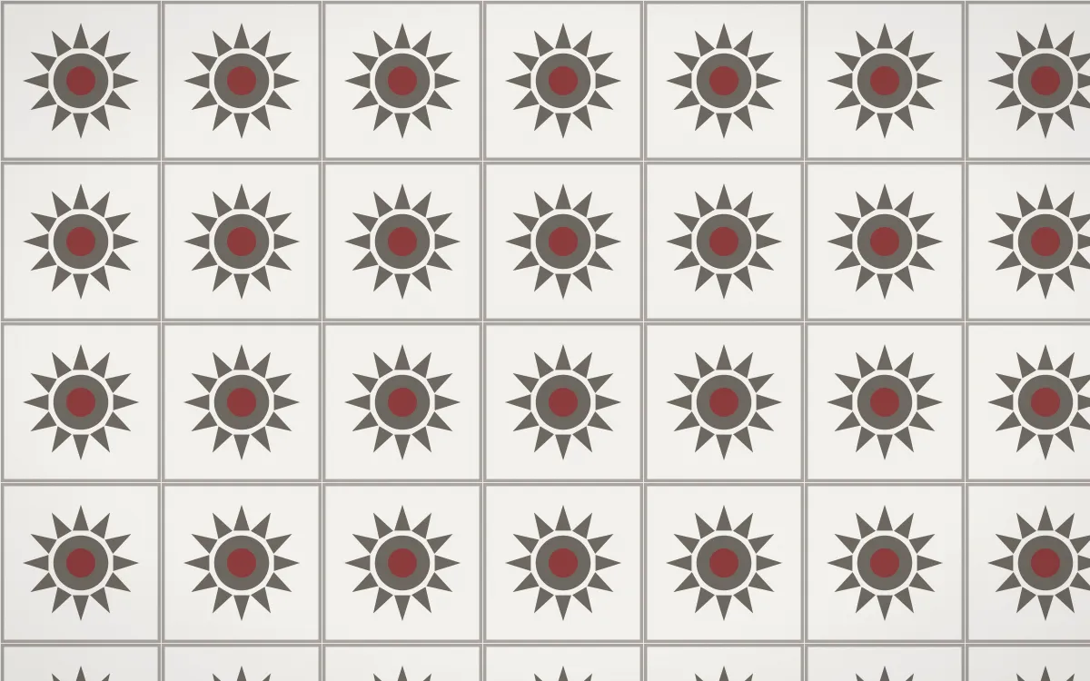 Milano Stone Sunburst Tile — light grey, red and white azulejo background
