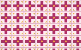 Oaxaca Pink Cross Tile — light pink, gold and white azulejo background