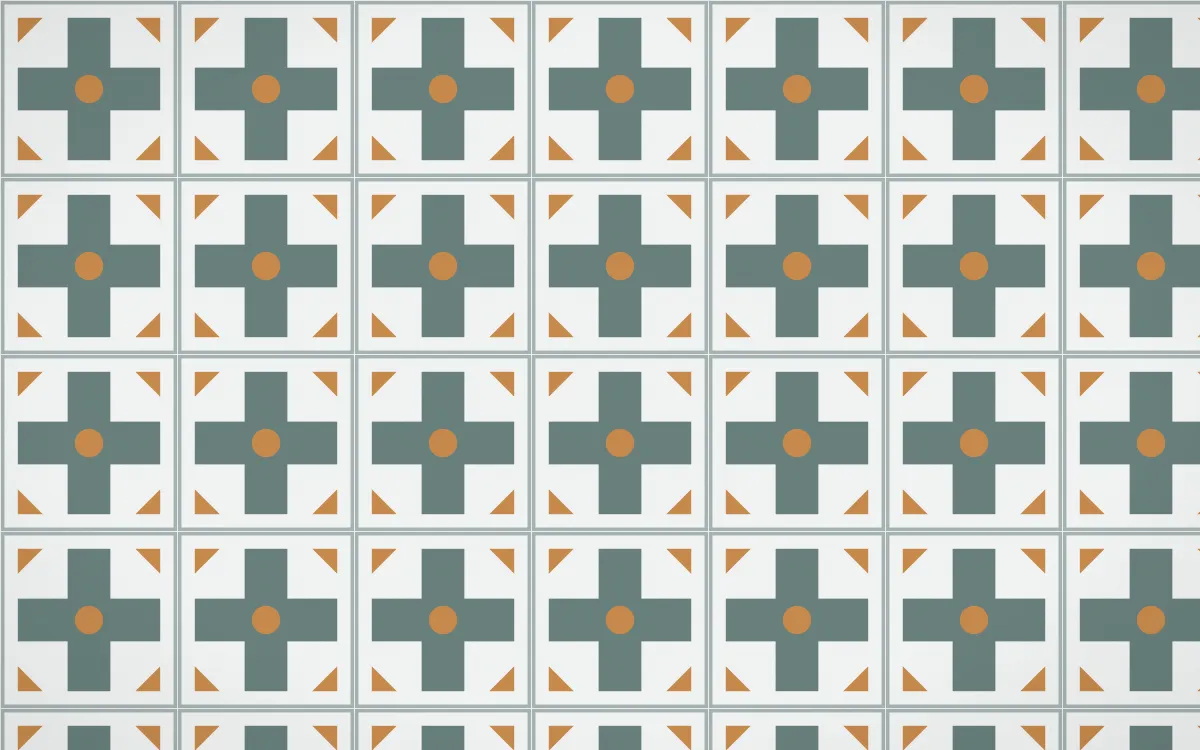 Pacific Fog Cross Tile — light teal, orange and white azulejo background