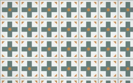 Pacific Fog Cross Tile — light teal, orange and white azulejo background