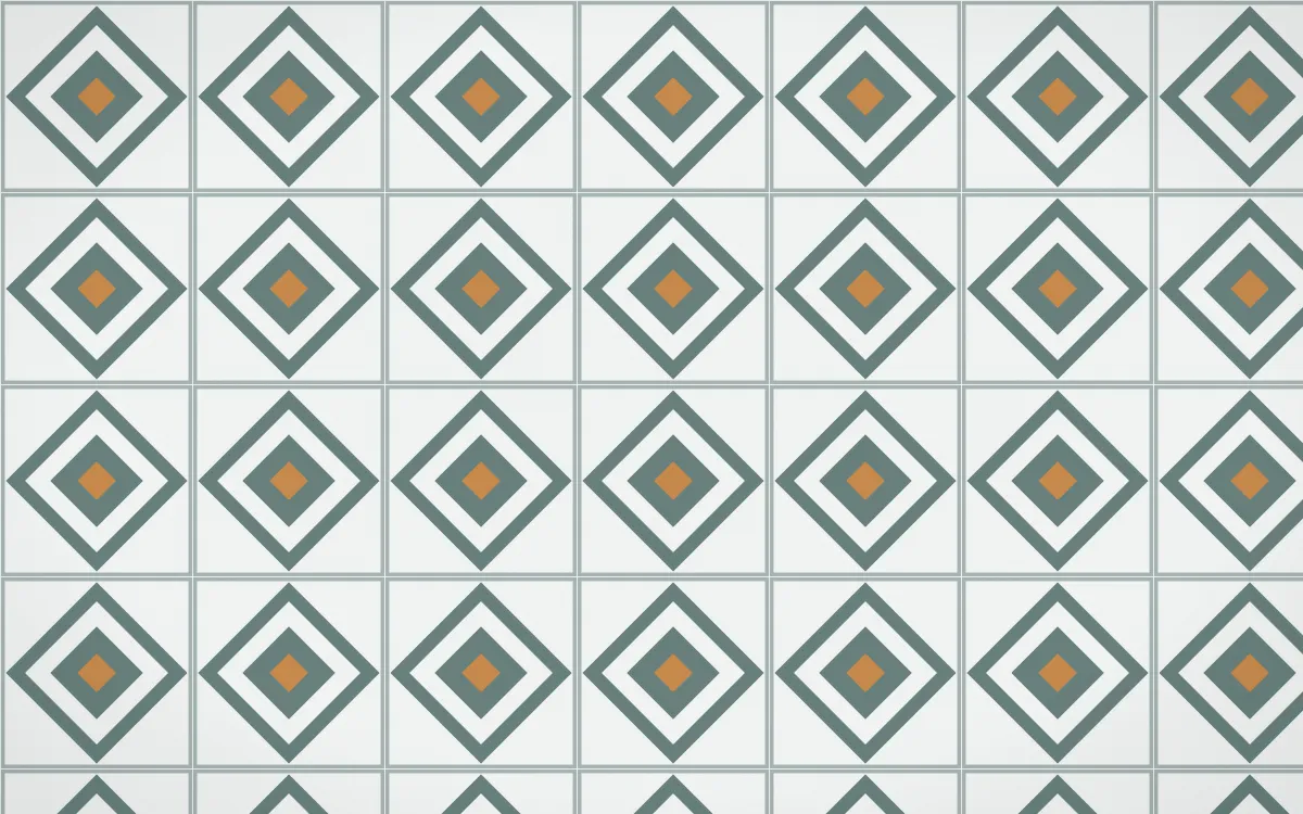Pacific Fog Diamond Tile — light teal, orange and white azulejo background