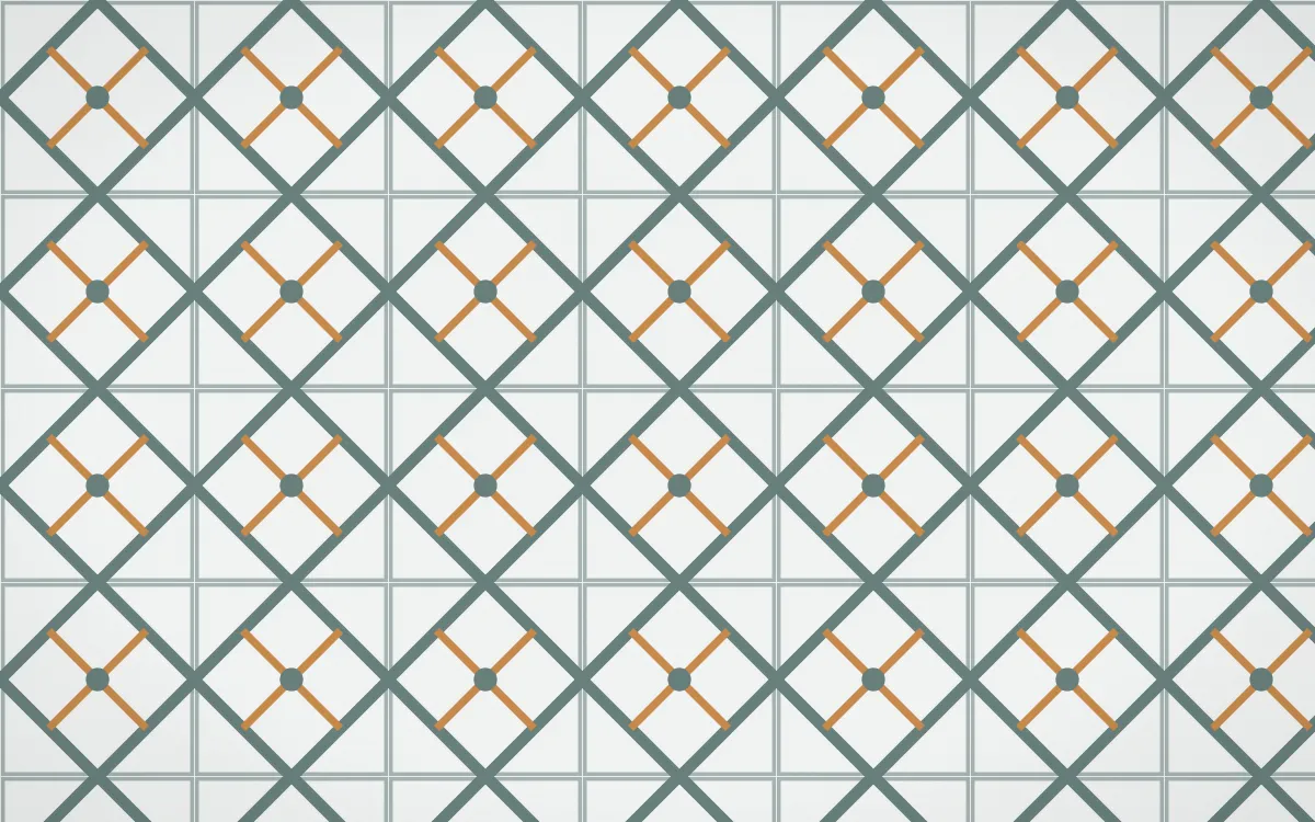Pacific Fog Lattice Tile — light teal, orange and white azulejo background