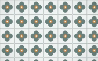 Pacific Fog Quatrefoil Tile — light teal, orange and white azulejo background