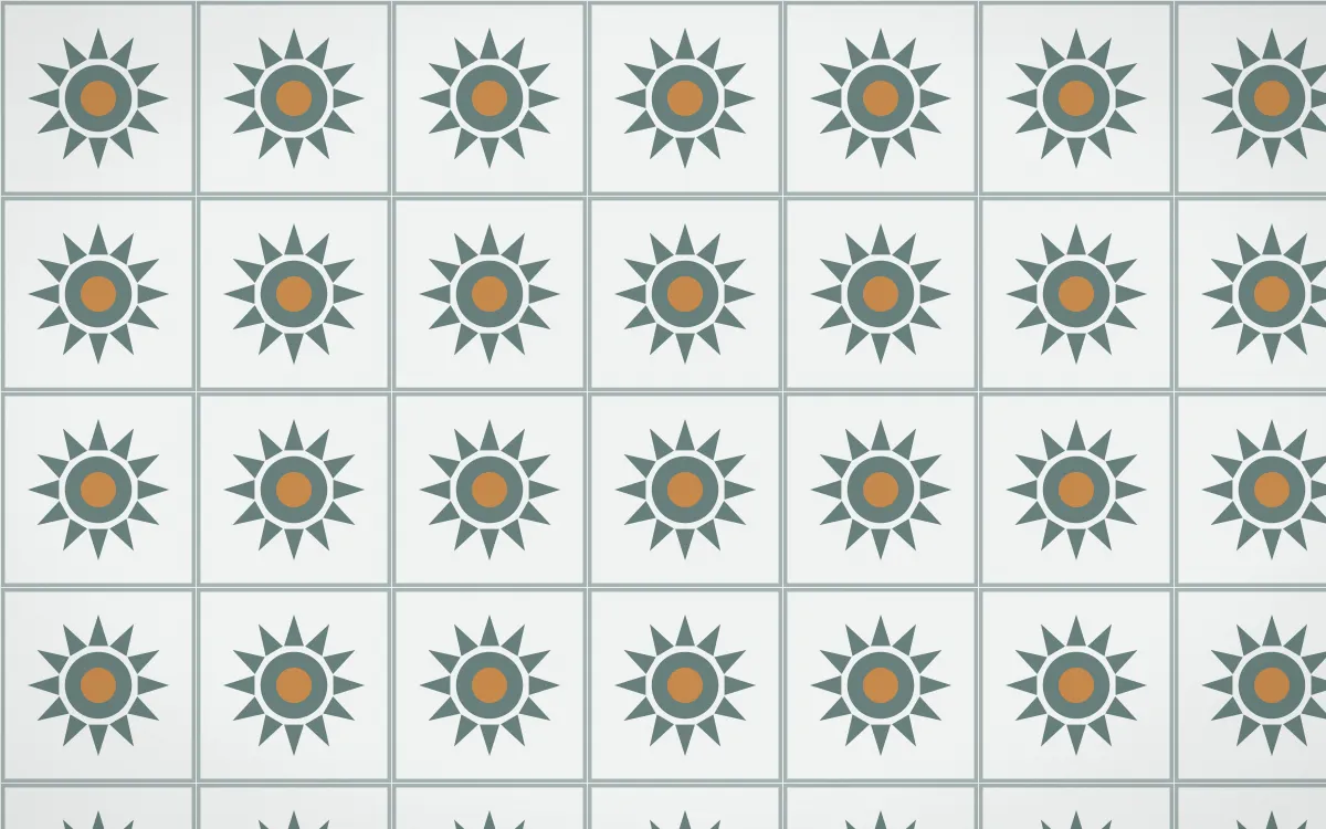 Pacific Fog Sunburst Tile — light teal, orange and white azulejo background