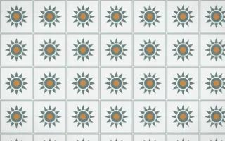 Pacific Fog Sunburst Tile — light teal, orange and white azulejo background