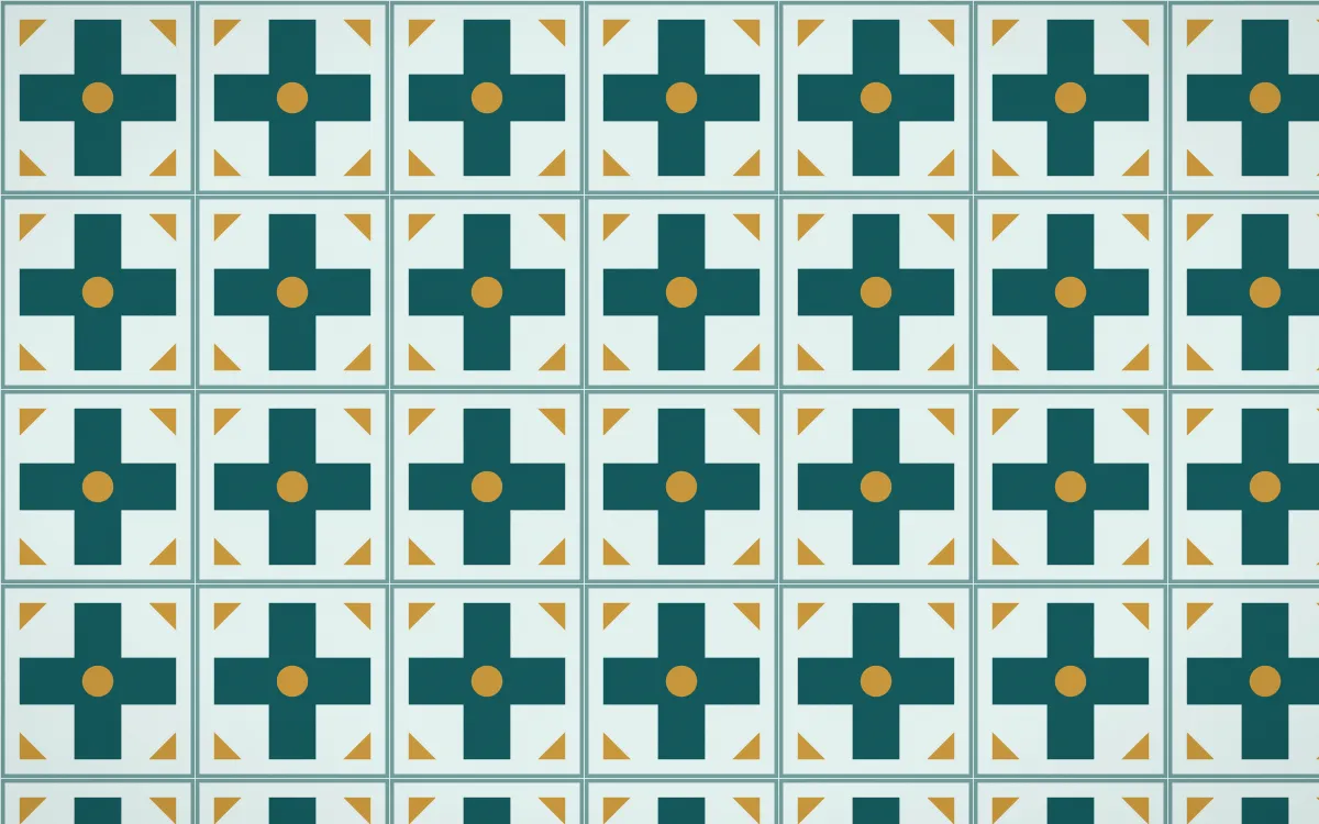 Peacock Court Cross Tile — light teal, gold and white azulejo background