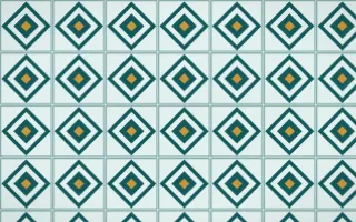 Peacock Court Diamond Tile — light teal, gold and white azulejo background