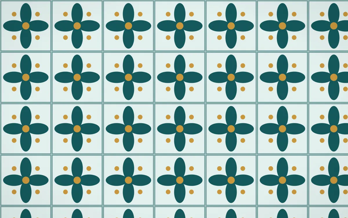 Peacock Court Petal Tile — light teal, gold and white azulejo background