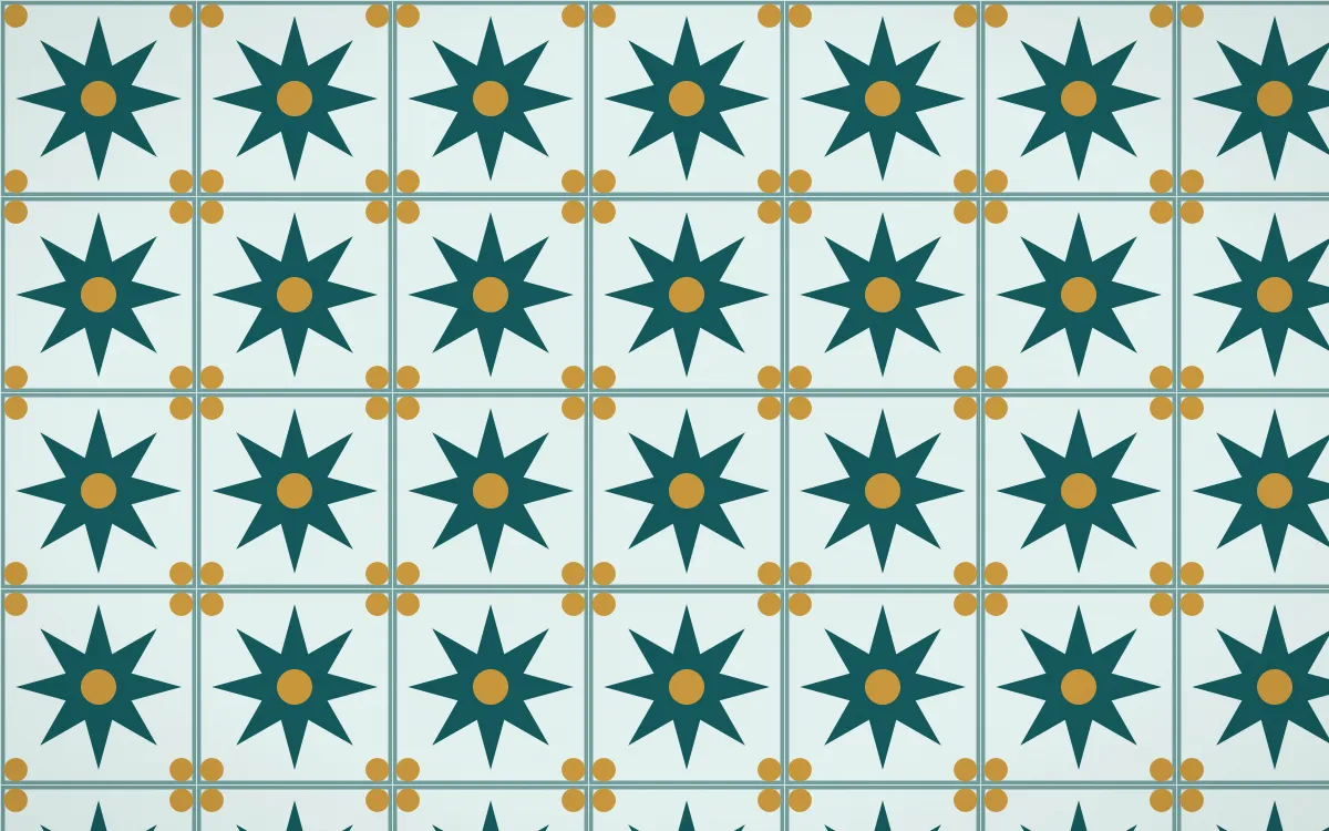 Peacock Court Star Tile — light teal, gold and white azulejo background