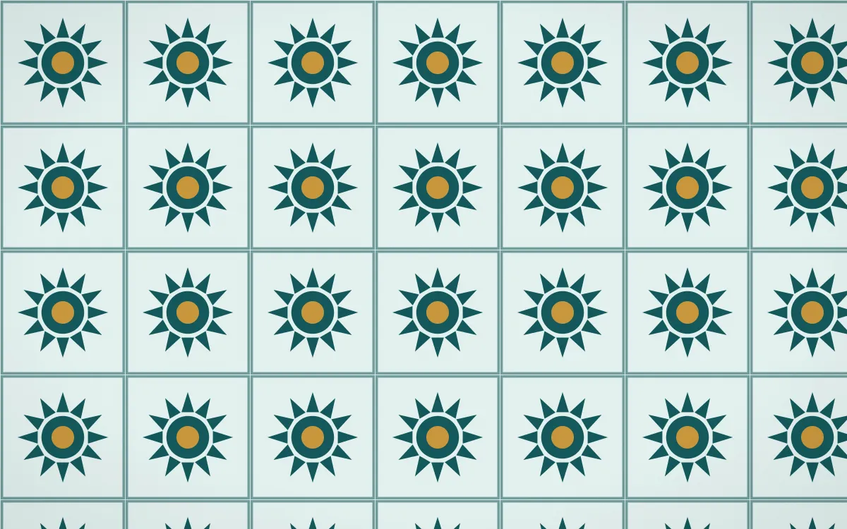 Peacock Court Sunburst Tile — light teal, gold and white azulejo background