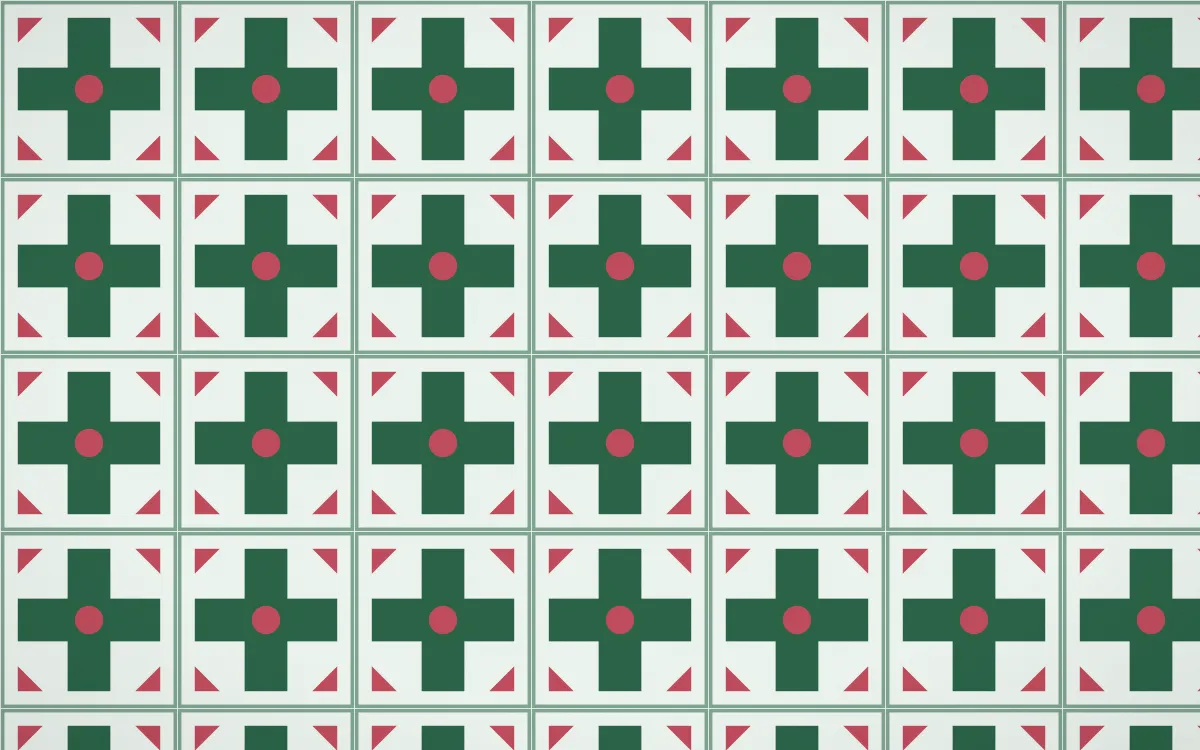 Persian Garden Cross Tile — light green, red and white azulejo background