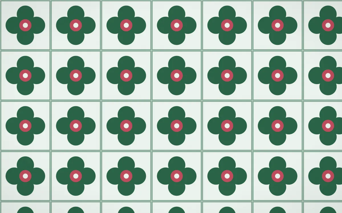 Persian Garden Quatrefoil Tile — light green, red and white azulejo background