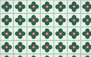 Persian Garden Quatrefoil Tile — light green, red and white azulejo background