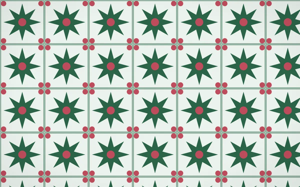 Persian Garden Star Tile — light green, red and white azulejo background