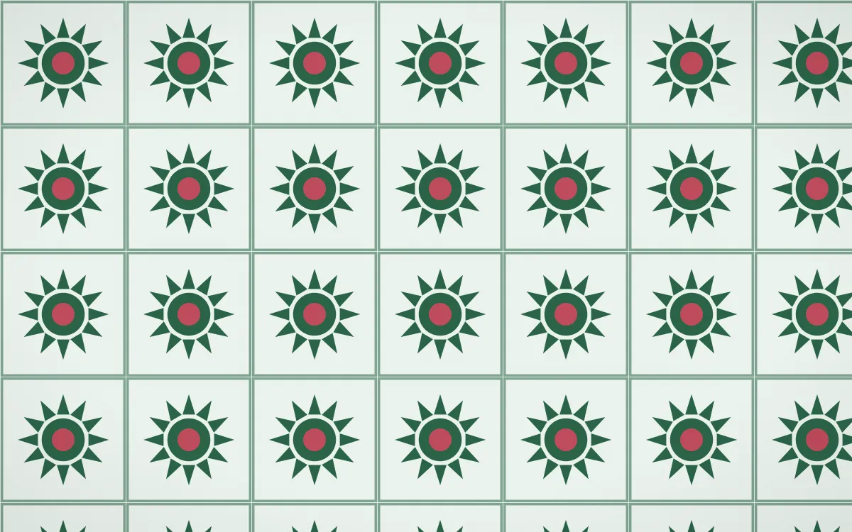 Persian Garden Sunburst Tile — light green, red and white azulejo background