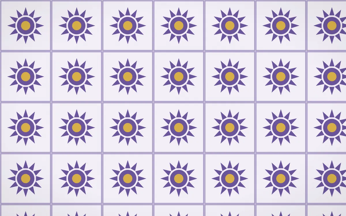 Provence Sunburst Tile — light purple, gold and white azulejo background