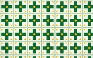 Rio Carnival Cross Tile — light green and gold azulejo background