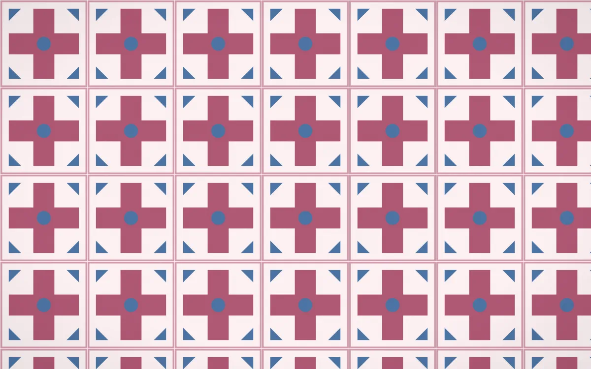 Seoul Blossom Cross Tile — light pink, blue and white azulejo background