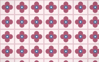 Seoul Blossom Quatrefoil Tile — light pink, blue and white azulejo background
