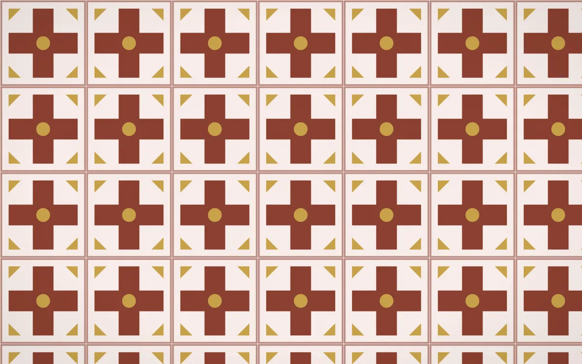 Venetian Rosso Cross Tile — light brown, gold and white azulejo background
