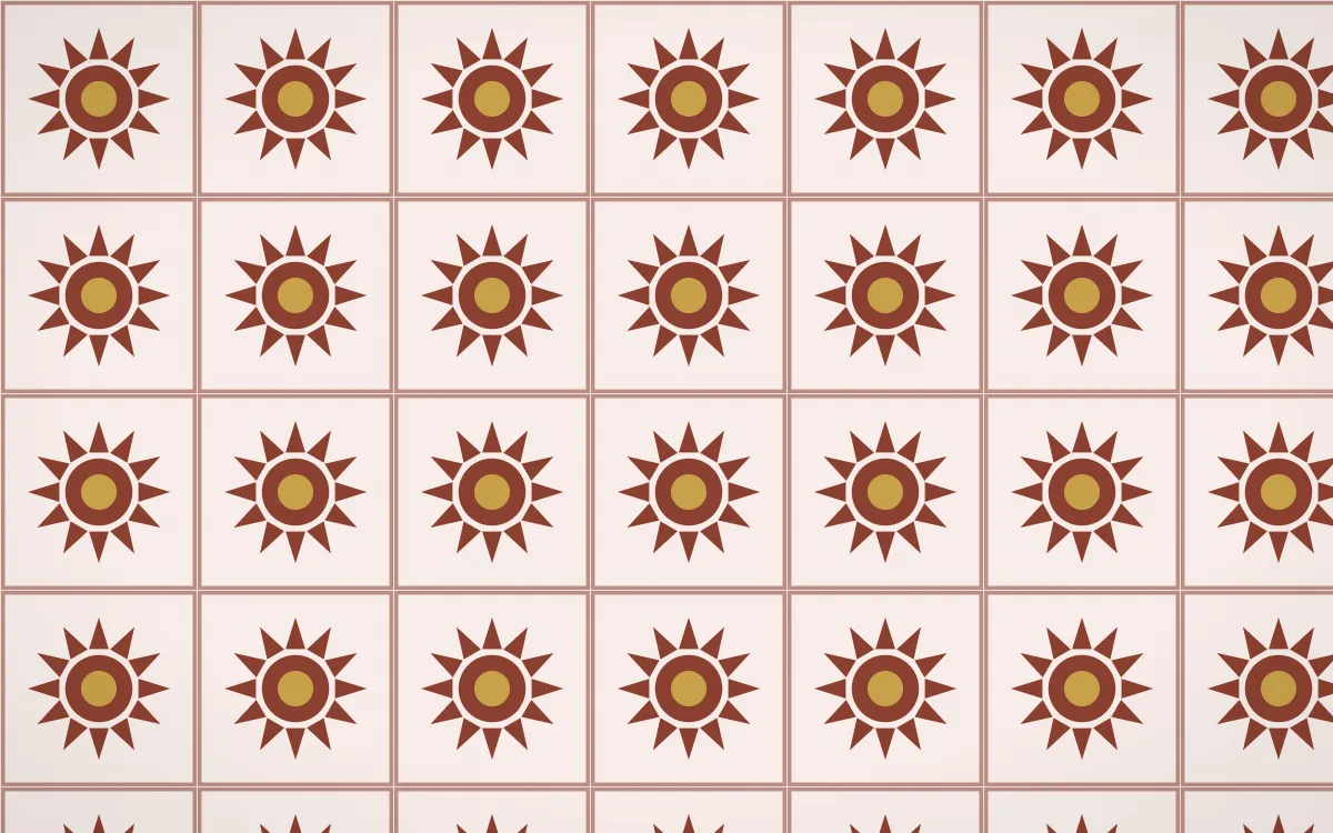 Venetian Rosso Sunburst Tile — light brown, gold and white azulejo background