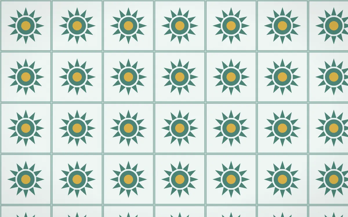 Winter Palace Sunburst Tile — light teal, gold and white azulejo background