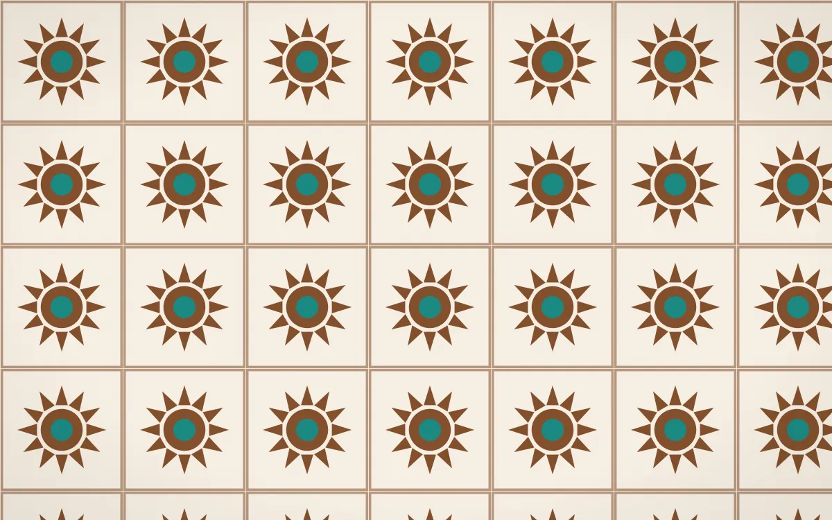 Zanzibar Spice Sunburst Tile — light brown, teal and beige azulejo background