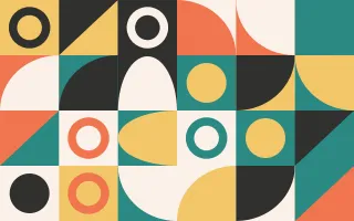 Coral Court III — light orange, teal and gold bauhaus background, variation III