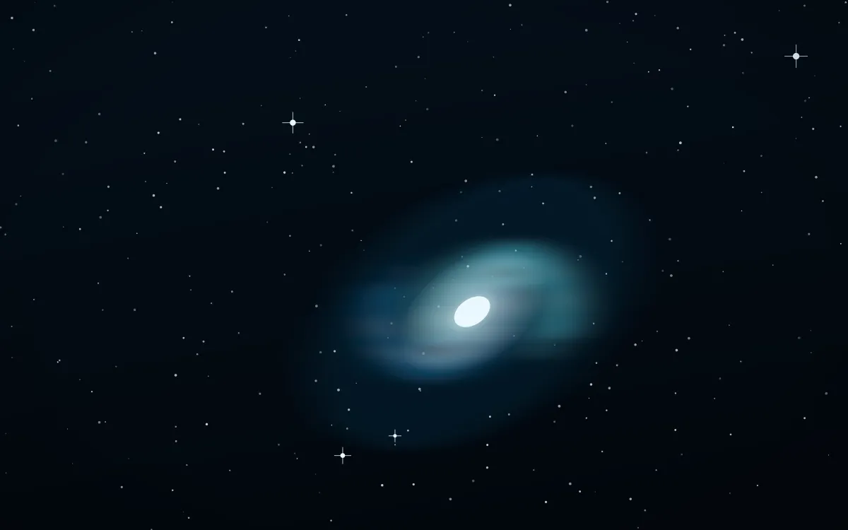 Comet Ion Tail Spiral — dark black, blue and white galaxy background