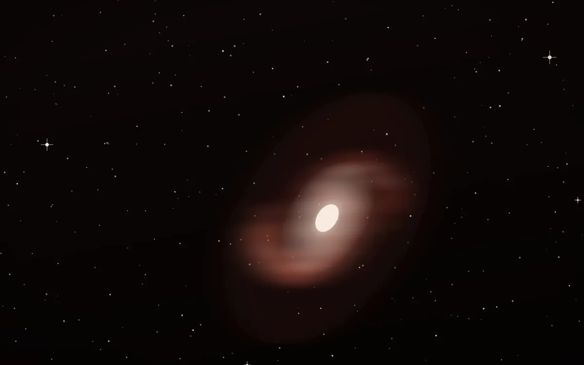 Elephant Trunk Spiral — dark black, red and beige galaxy background