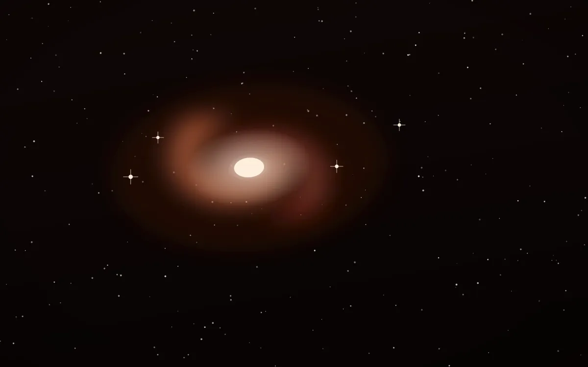 Vermilion Shroud Spiral — dark black, brown and beige galaxy background